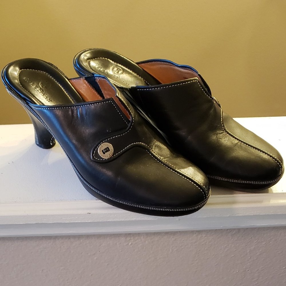 COLE HAAN Womens Shoes Black Leather Mules Wedge Heels Slides 8 1/2 US 39 EUR